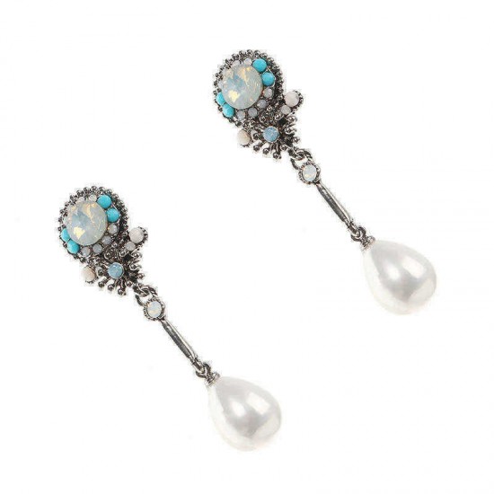 JASSY® Bohemian Pearl Ear Drop Platinum Plated Floral Gemstone Pearl Earring