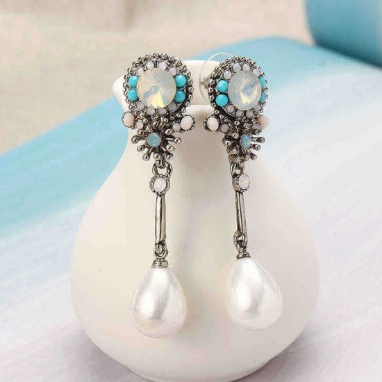 JASSY® Bohemian Pearl Ear Drop Platinum Plated Floral Gemstone Pearl Earring