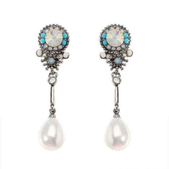 JASSY® Bohemian Pearl Ear Drop Platinum Plated Floral Gemstone Pearl Earring