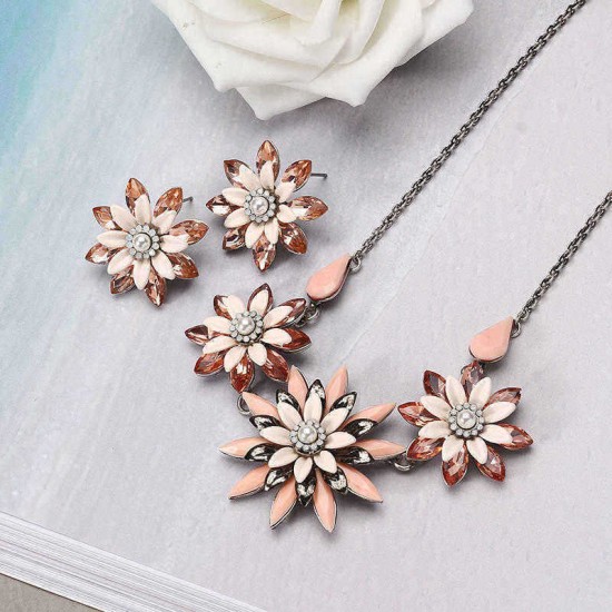 JASSY® Elegant Earring Necklace Jewelry Set Multi Crystal Pink Flowers Exquisite Jewelry for Women