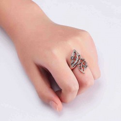 Ladies Vivid Leaves Rose Gold Stylish Ring Gift Black Enamel Rhinestone Ring Women Jewelry