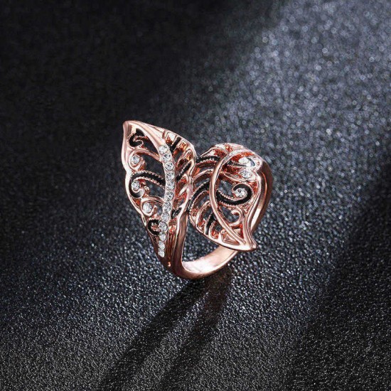 Ladies Vivid Leaves Rose Gold Stylish Ring Gift Black Enamel Rhinestone Ring Women Jewelry