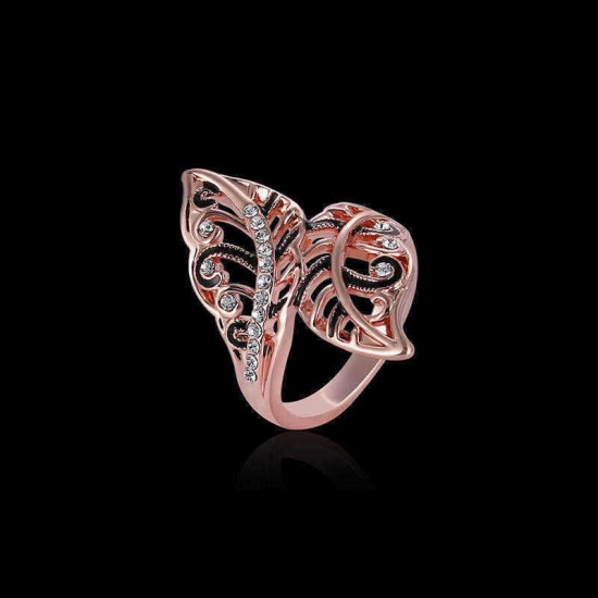 Ladies Vivid Leaves Rose Gold Stylish Ring Gift Black Enamel Rhinestone Ring Women Jewelry