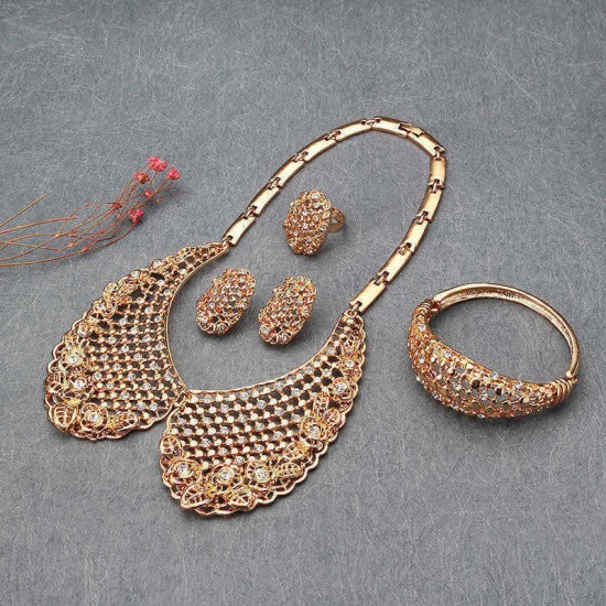 Leaf Hollow Out Collar Shape Necklace Earrings Ring Bracelet Jewelry Set