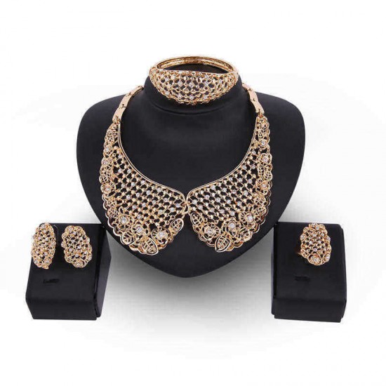 Leaf Hollow Out Collar Shape Necklace Earrings Ring Bracelet Jewelry Set