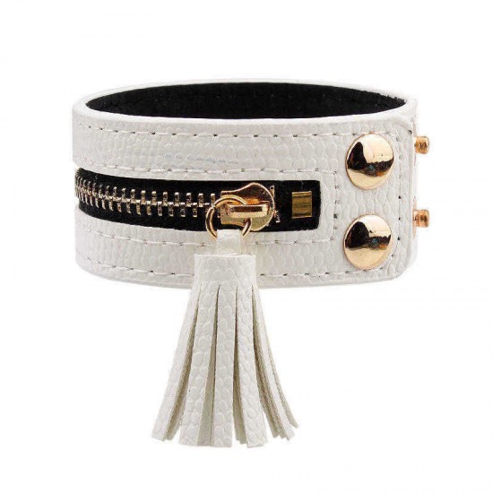 Leather Zipper Wide Tassel Bracelets For Women