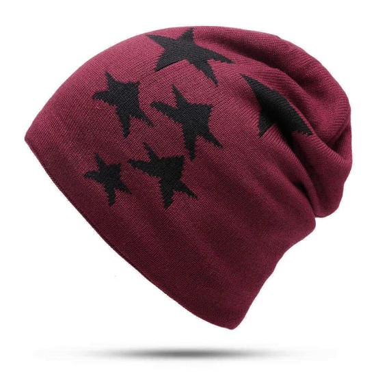 Men Women Winter Warm Fleece Liner Knitted Hat Pentagram Pattern Knit Cap