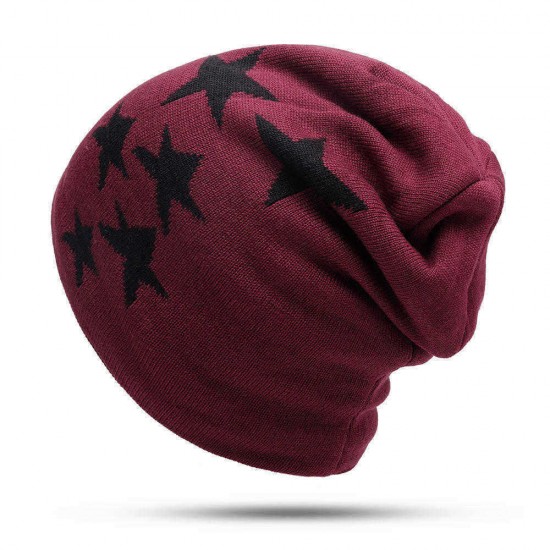 Men Women Winter Warm Fleece Liner Knitted Hat Pentagram Pattern Knit Cap