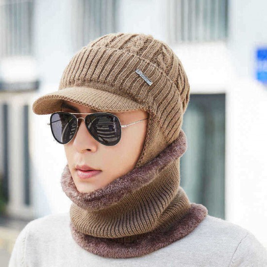 Men Women Winter Windproof Plus Velvet Knit Hat Scarf Set Outdoor Thicken Ski Earmuffs Cap