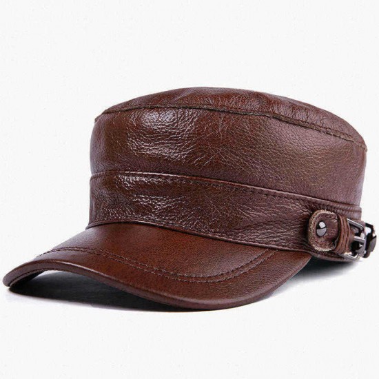 Men's Hat Leather Flat Top Military Cap Warm Earmuffs Outdoor Leather Duck Tongue Windproof Hat Male Flat Hats