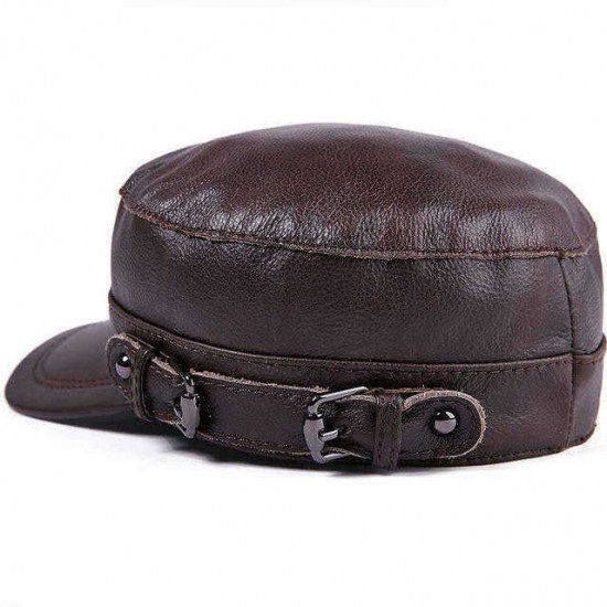 Men's Hat Leather Flat Top Military Cap Warm Earmuffs Outdoor Leather Duck Tongue Windproof Hat Male Flat Hats