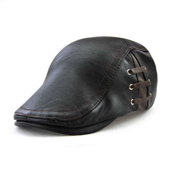 Men's Leather Cap Personalized Piercing Strap Design Versatile Beret Caps