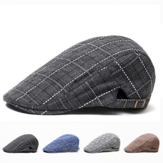 Mens Outdoor Summer Plaid pattern Breathable Beret Hat Solid Newsboy Cabbie Flat Caps Visor