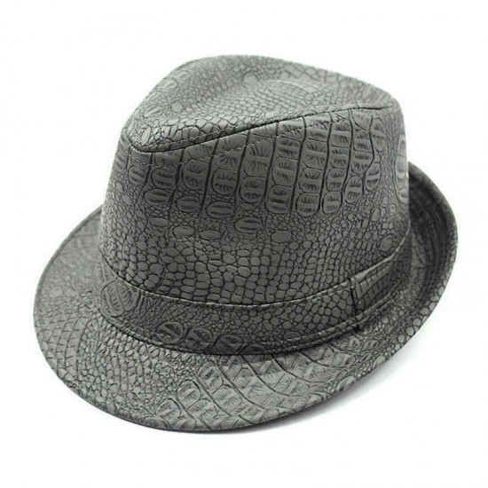 Mens PU Leather Crocodile Pattern Jazz Hat Outdoor Middle-aged Wide Brimmed Fedora Hats