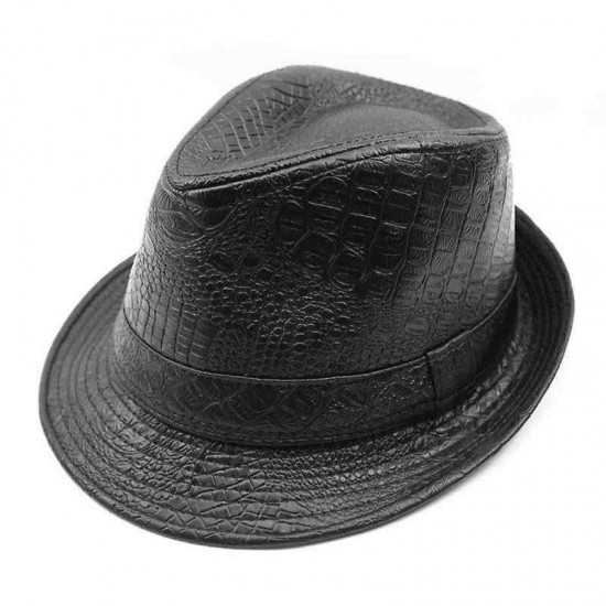 Mens PU Leather Crocodile Pattern Jazz Hat Outdoor Middle-aged Wide Brimmed Fedora Hats