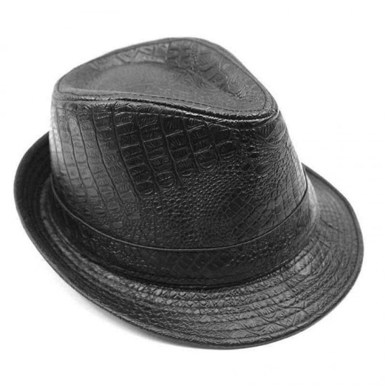 Mens PU Leather Crocodile Pattern Jazz Hat Outdoor Middle-aged Wide Brimmed Fedora Hats