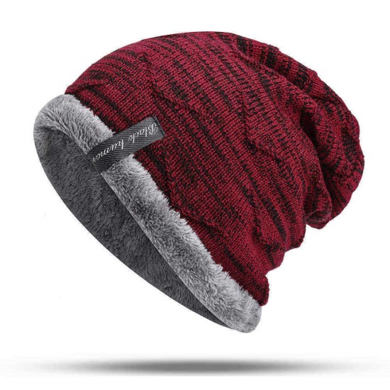 Mens Plus Velvet Knitted Stripe Beanie Hats Outdoor Winter Warm Skullcap Beanies