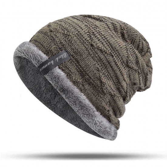 Mens Plus Velvet Knitted Stripe Beanie Hats Outdoor Winter Warm Skullcap Beanies