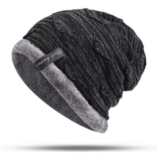 Mens Plus Velvet Knitted Stripe Beanie Hats Outdoor Winter Warm Skullcap Beanies