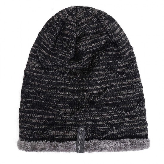 Mens Plus Velvet Knitted Stripe Beanie Hats Outdoor Winter Warm Skullcap Beanies