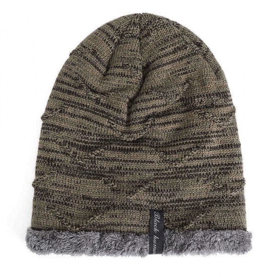 Mens Plus Velvet Knitted Stripe Beanie Hats Outdoor Winter Warm Skullcap Beanies