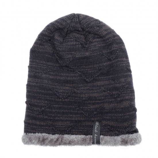 Mens Plus Velvet Knitted Stripe Beanie Hats Outdoor Winter Warm Skullcap Beanies