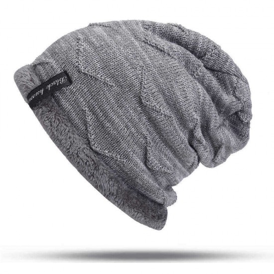 Mens Plus Velvet Knitted Stripe Beanie Hats Outdoor Winter Warm Skullcap Beanies