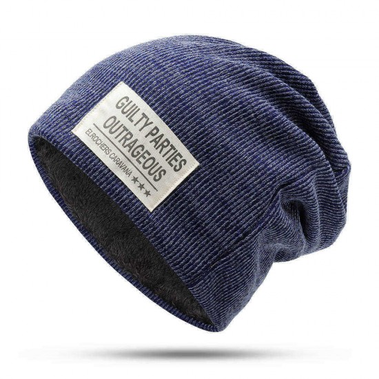 Mens Plus Velvet Thick Warm Beanie Hat Casual Double Layers Letter Solid Slouchy Skullcap