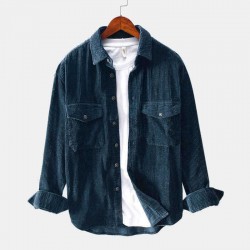 Mens Vintage Corduroy Big Chest Pocket Solid Color Long Sleeve Shirts