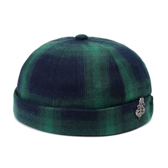 Mens Womens Cotton Adjustable Plaid French Brimless Hats Fashion Crimped Skullcap Sailor Cap