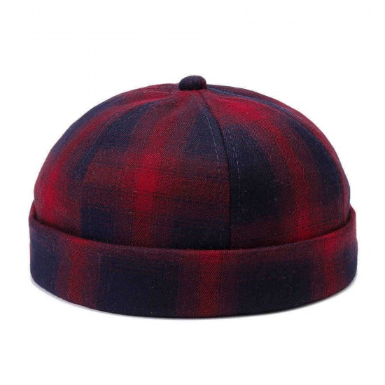 Mens Womens Cotton Adjustable Plaid French Brimless Hats Fashion Crimped Skullcap Sailor Cap