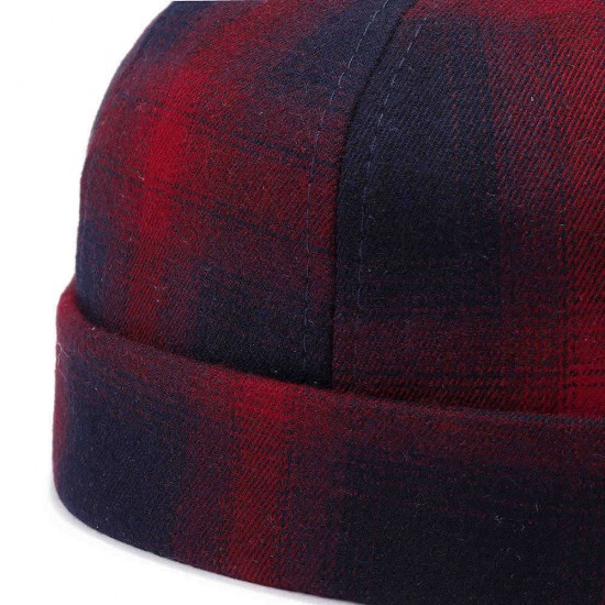 Mens Womens Cotton Adjustable Plaid French Brimless Hats Fashion Crimped Skullcap Sailor Cap