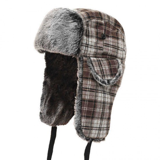 Mens Womens Vogue Plaid Plus Velvet Earmuffs Ushanka Trapper Hat Outdoor Windproof Russian Cap