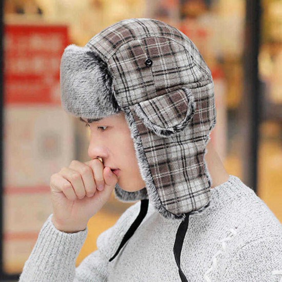 Mens Womens Vogue Plaid Plus Velvet Earmuffs Ushanka Trapper Hat Outdoor Windproof Russian Cap