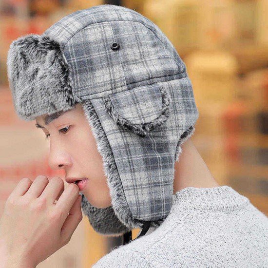 Mens Womens Vogue Plaid Plus Velvet Earmuffs Ushanka Trapper Hat Outdoor Windproof Russian Cap