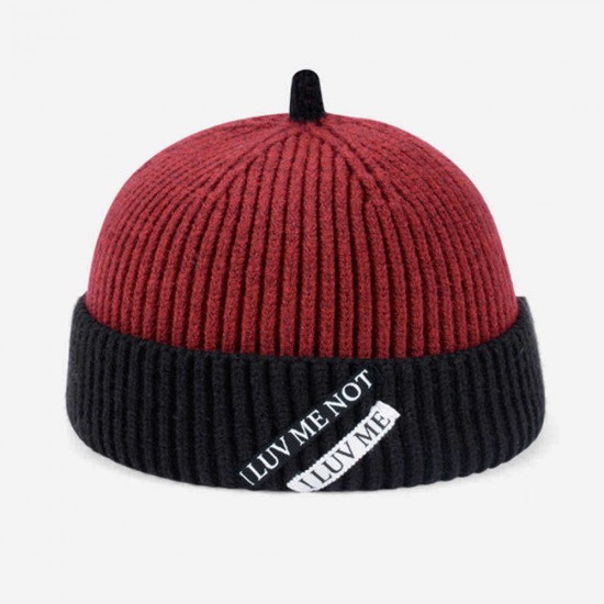 Mens Womens Winter Color Matching Knit Beanie Cap Outdoor Foldable Rolled Cuff Brimless Hats