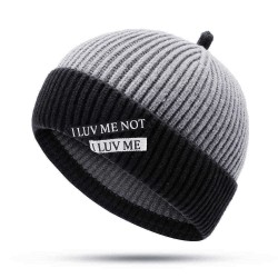 Mens Womens Winter Color Matching Knit Beanie Cap Outdoor Foldable Rolled Cuff Brimless Skullcap