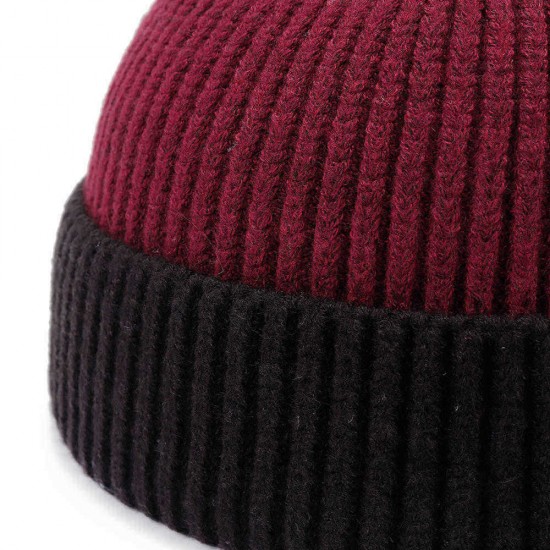 Mens Womens Winter Color Matching Knit Beanie Cap Outdoor Foldable Rolled Cuff Brimless Skullcap