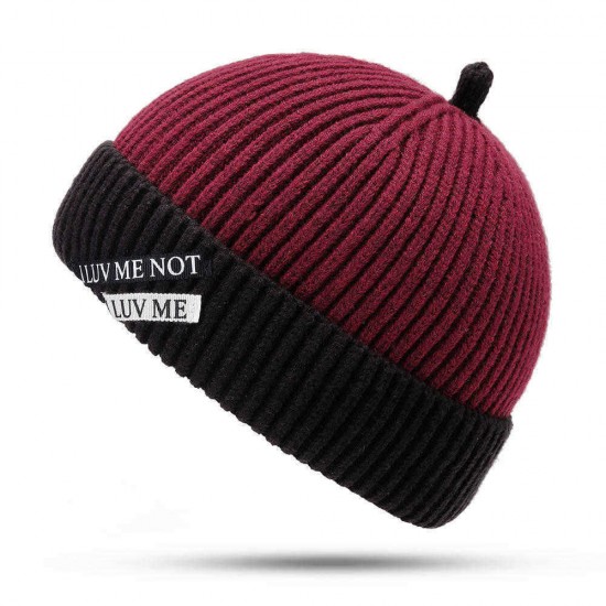 Mens Womens Winter Color Matching Knit Beanie Cap Outdoor Foldable Rolled Cuff Brimless Skullcap