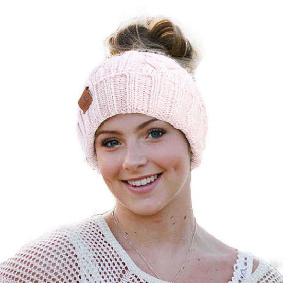 Middle-aged Outdoor Thicken Earmuffs Ponytail Beanie Caps Women Ski Knit Hat