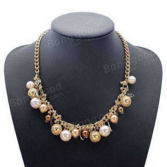 Multilayer Ball Crystal Leaf Pearl Choker Statement Necklace For Women