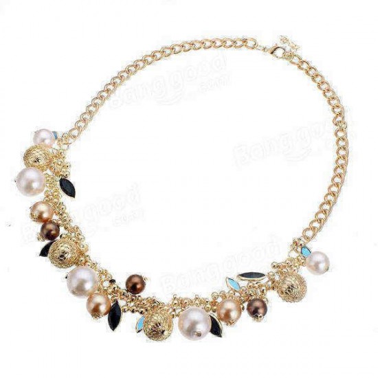 Multilayer Ball Crystal Leaf Pearl Choker Statement Necklace For Women