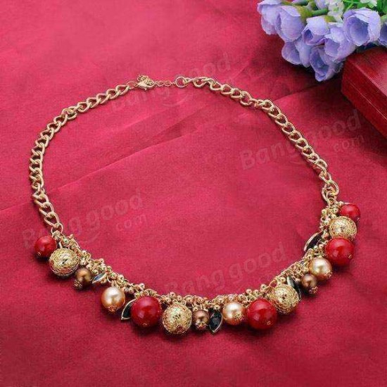 Multilayer Ball Crystal Leaf Pearl Choker Statement Necklace For Women