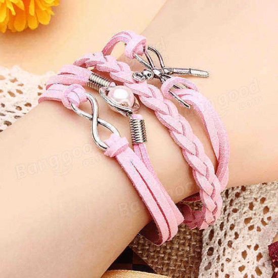 Multilayer Dragonfly Eiffel Tower Leather Cuff Bracelet Bangle