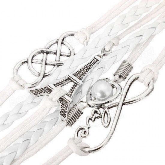 Multilayer Dragonfly Eiffel Tower Leather Cuff Bracelet Bangle