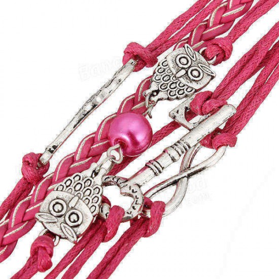 Multilayer Dragonfly Eiffel Tower Leather Cuff Bracelet Bangle