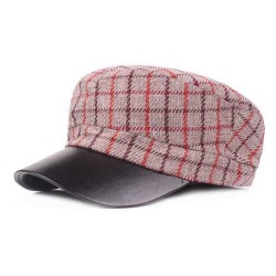 Outdoor Winter Cotton PU Leather Beret Caps Plaid Thicken Warm Peaked Cap for Women