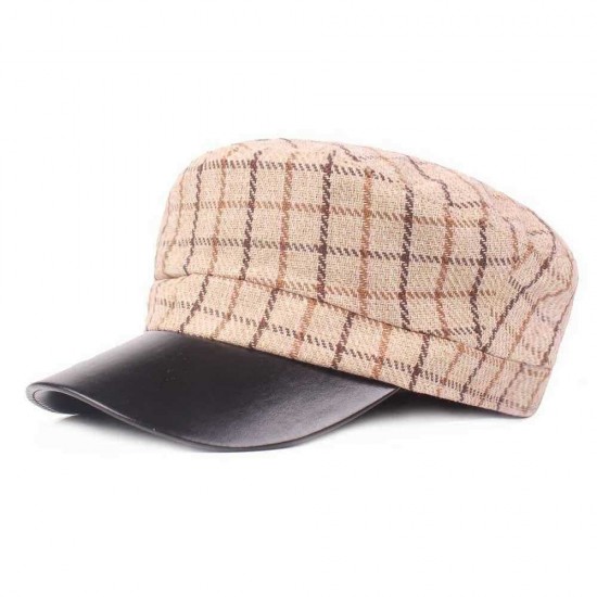 Outdoor Winter Cotton PU Leather Beret Caps Plaid Thicken Warm Peaked Cap for Women