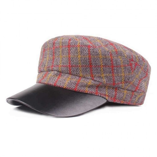 Outdoor Winter Cotton PU Leather Beret Caps Plaid Thicken Warm Peaked Cap for Women