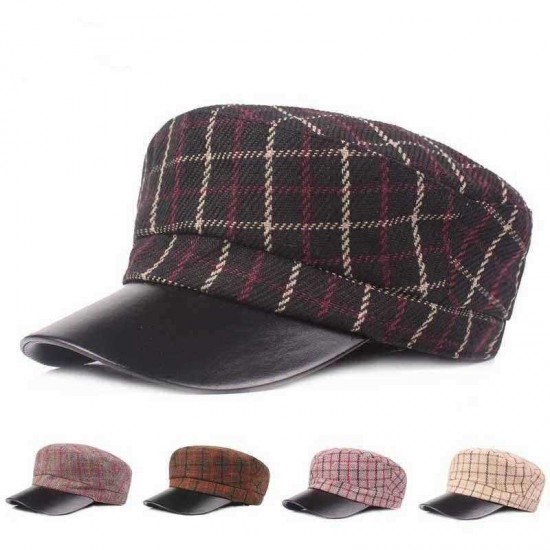 Outdoor Winter Cotton PU Leather Beret Caps Plaid Thicken Warm Peaked Cap for Women